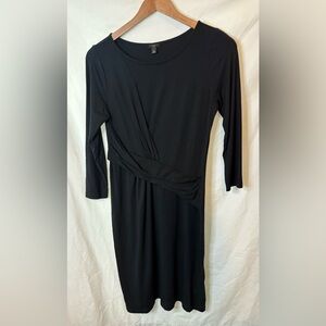 Talbots Black Ruched 3/4 Sleeve Small Petite Round Neck Midi Faux Wrap Dress